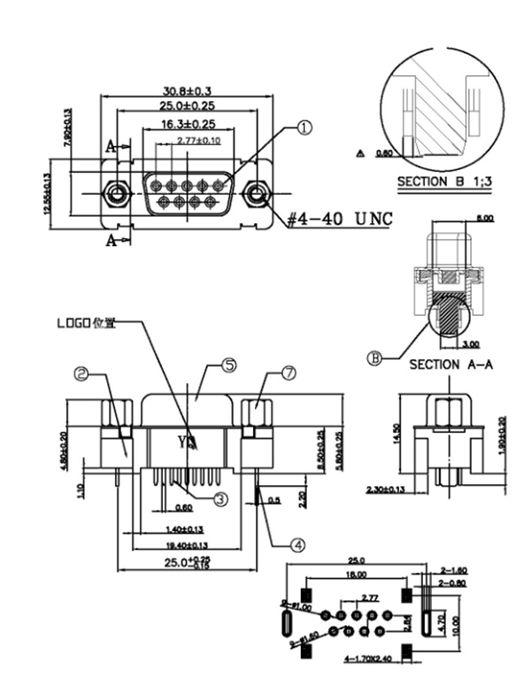 VGA立式9母铆锁d-sub连接器